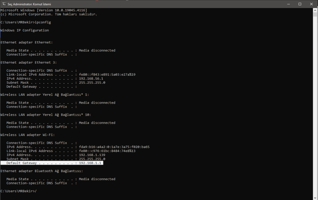 CMD ipconfig komutuyla varsayılan ağ geçidi bulma