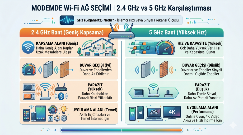 Modемde 2.4 GHz ve 5 GHz Wi-Fi ağ seçimi